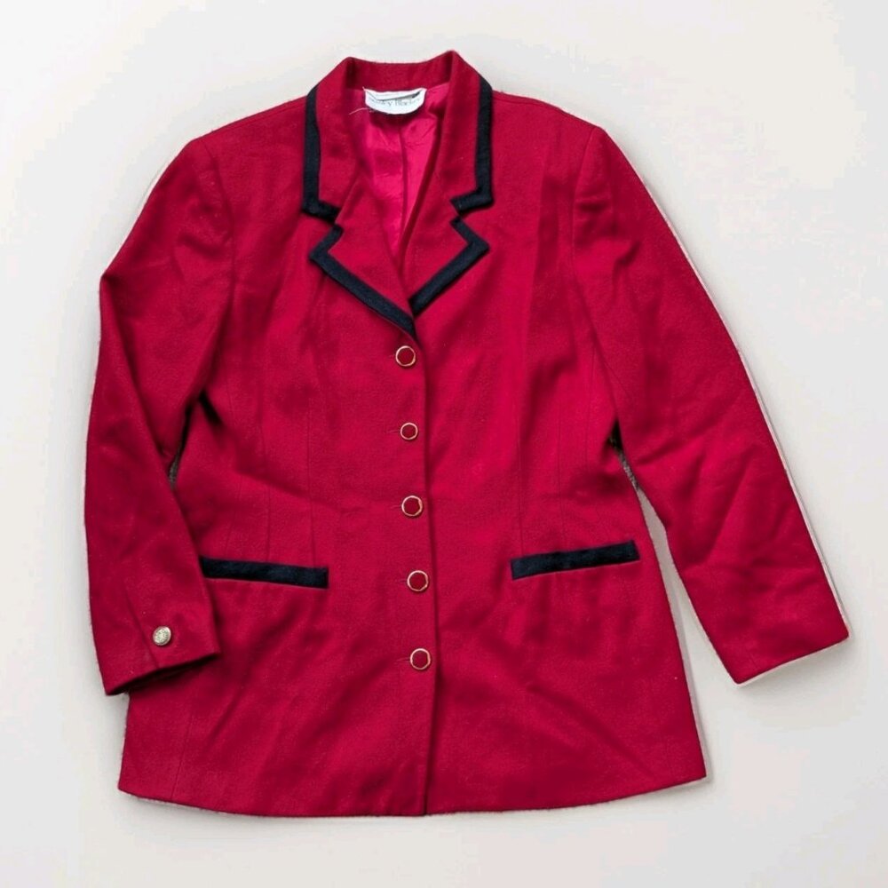 Vintage Stanley Blacker Red Wool Equestrian Blazer Womens L Black Trim 80s-90s